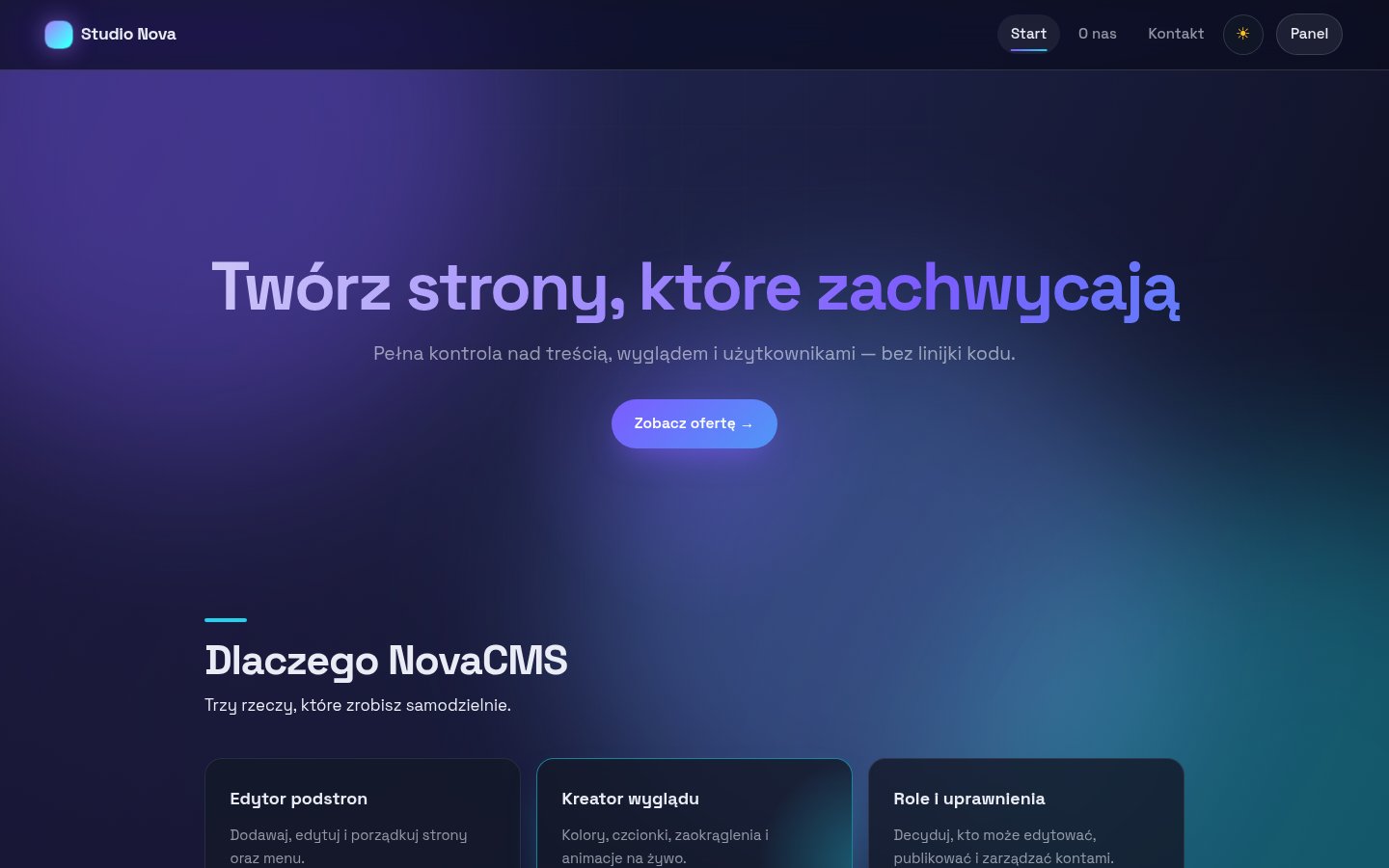 Strona startowa – baner powitalny, animowane tło i kafelki z ofertą