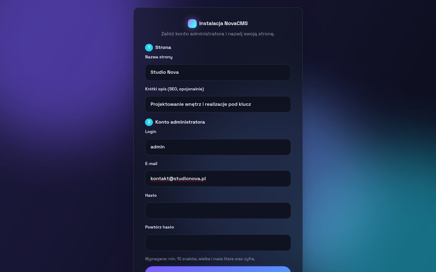 Instalator – nazwa strony i konto administratora, bez domyślnych haseł