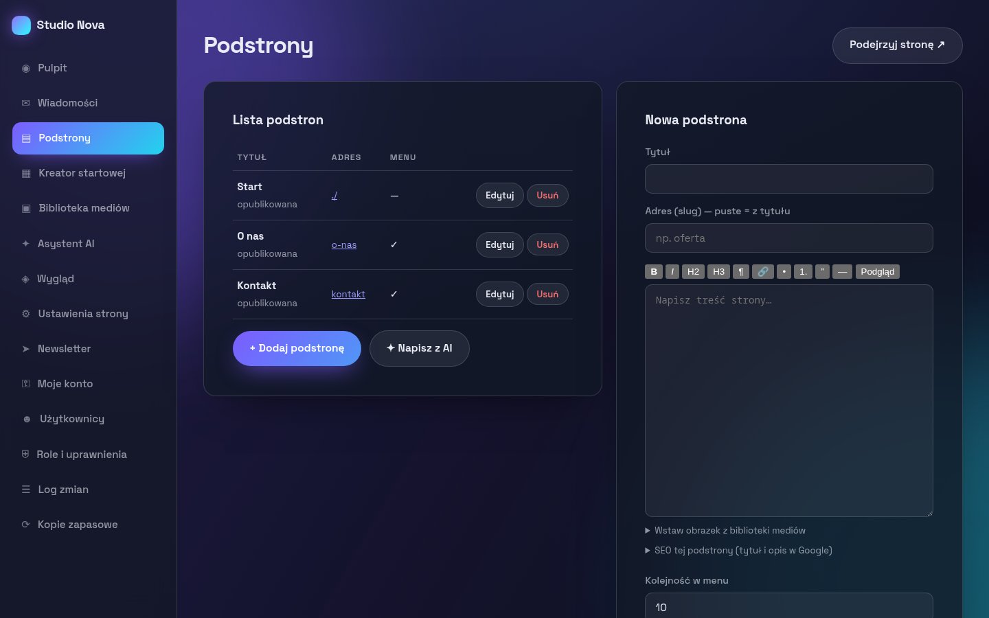 Podstrony – lista, edytor treści z paskiem formatowania, menu i szkice