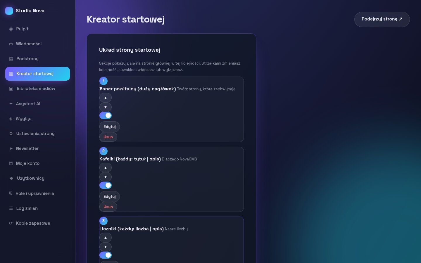 Kreator strony startowej – włączanie, kolejność i edycja sekcji