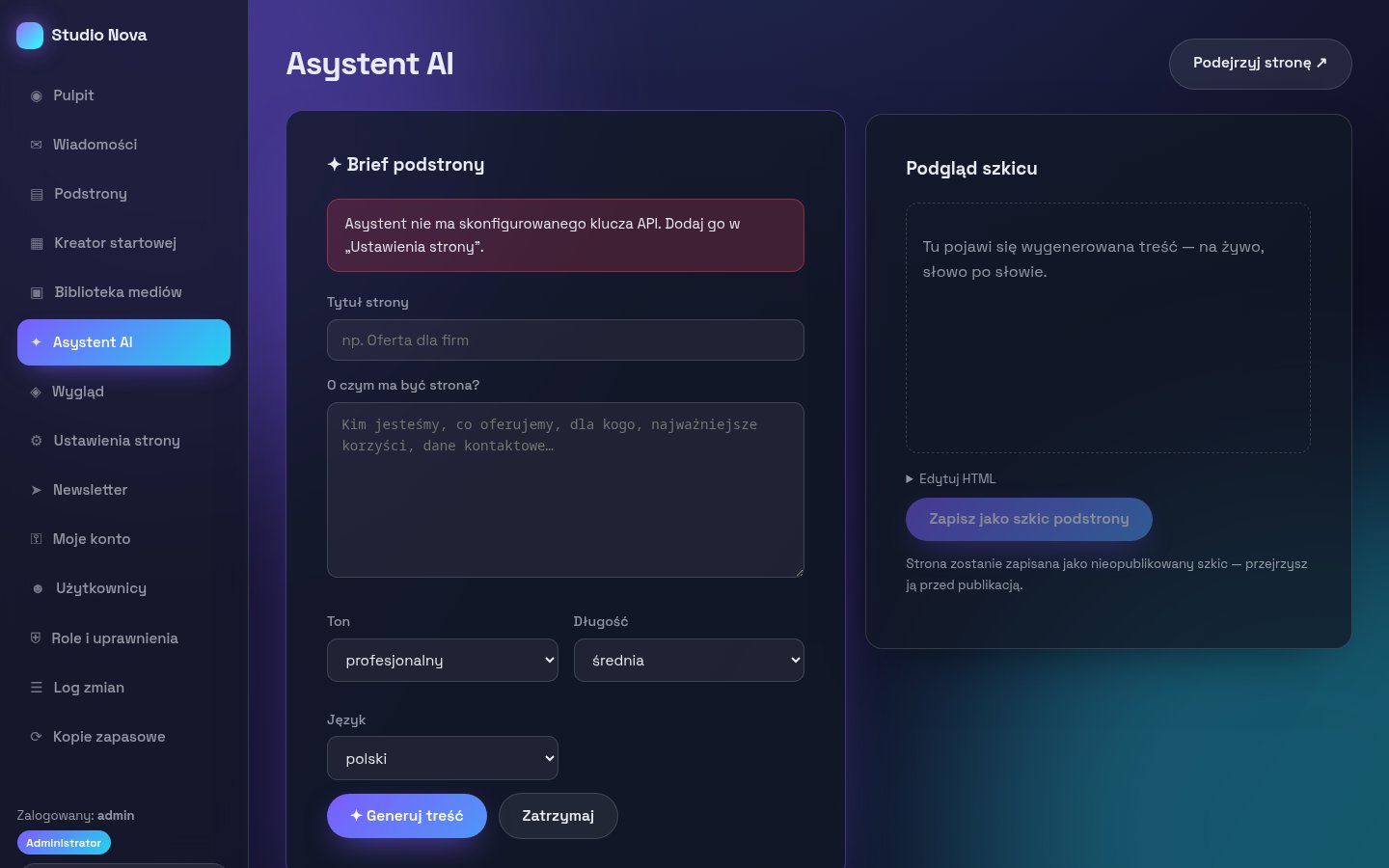 Asystent AI – brief, ton i długość, treść pisana na żywo i zapis jako szkic