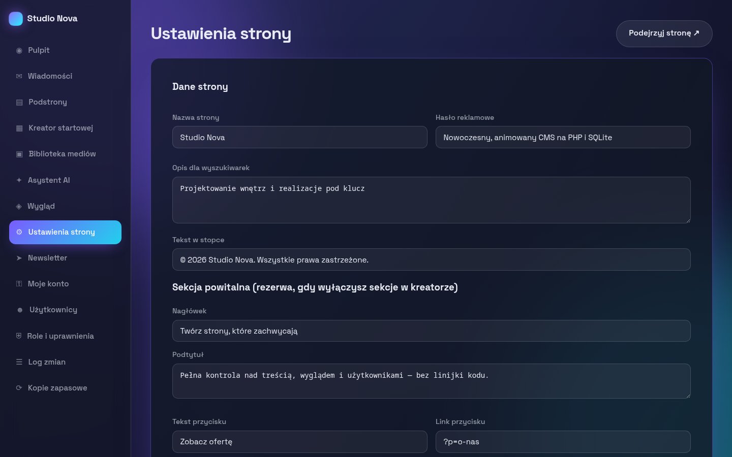 Ustawienia strony – nazwa, SEO, stopka i sekcja powitalna