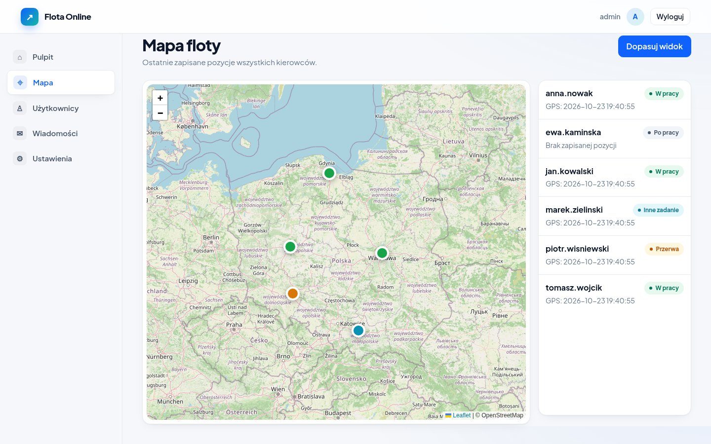 Mapa floty (OpenStreetMap) – ostatnie pozycje GPS wszystkich kierowców z kolorem statusu