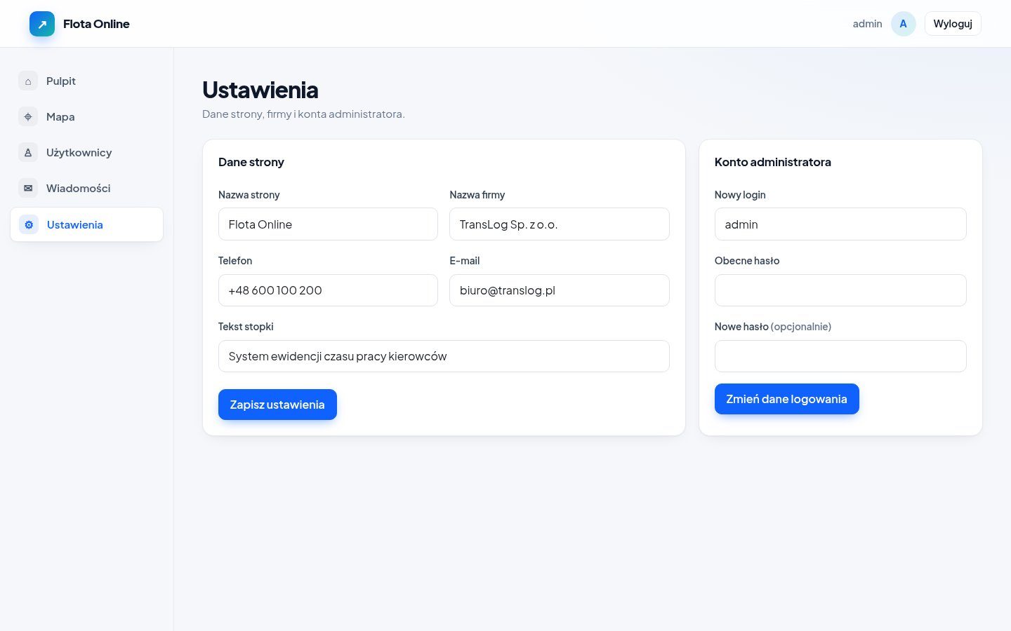 Ustawienia – dane strony i firmy, zmiana loginu i hasła administratora