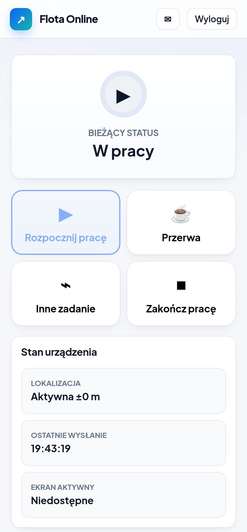 Panel kierowcy na telefonie – bieżący status, duże przyciski i stan lokalizacji