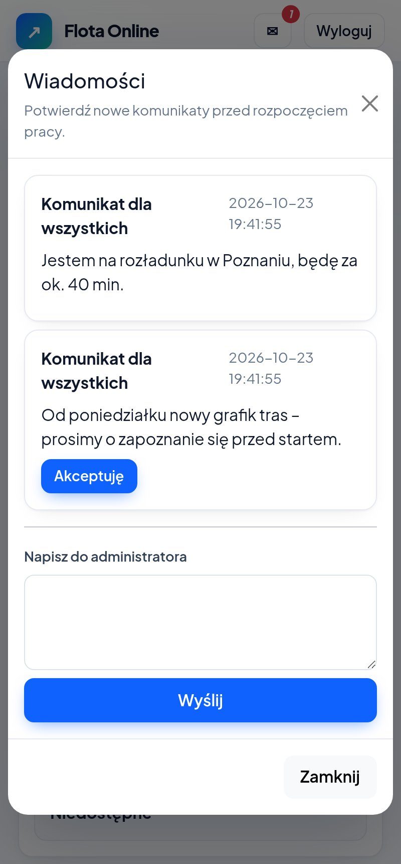 Kierowca musi zaakceptować nowe komunikaty przed rozpoczęciem pracy