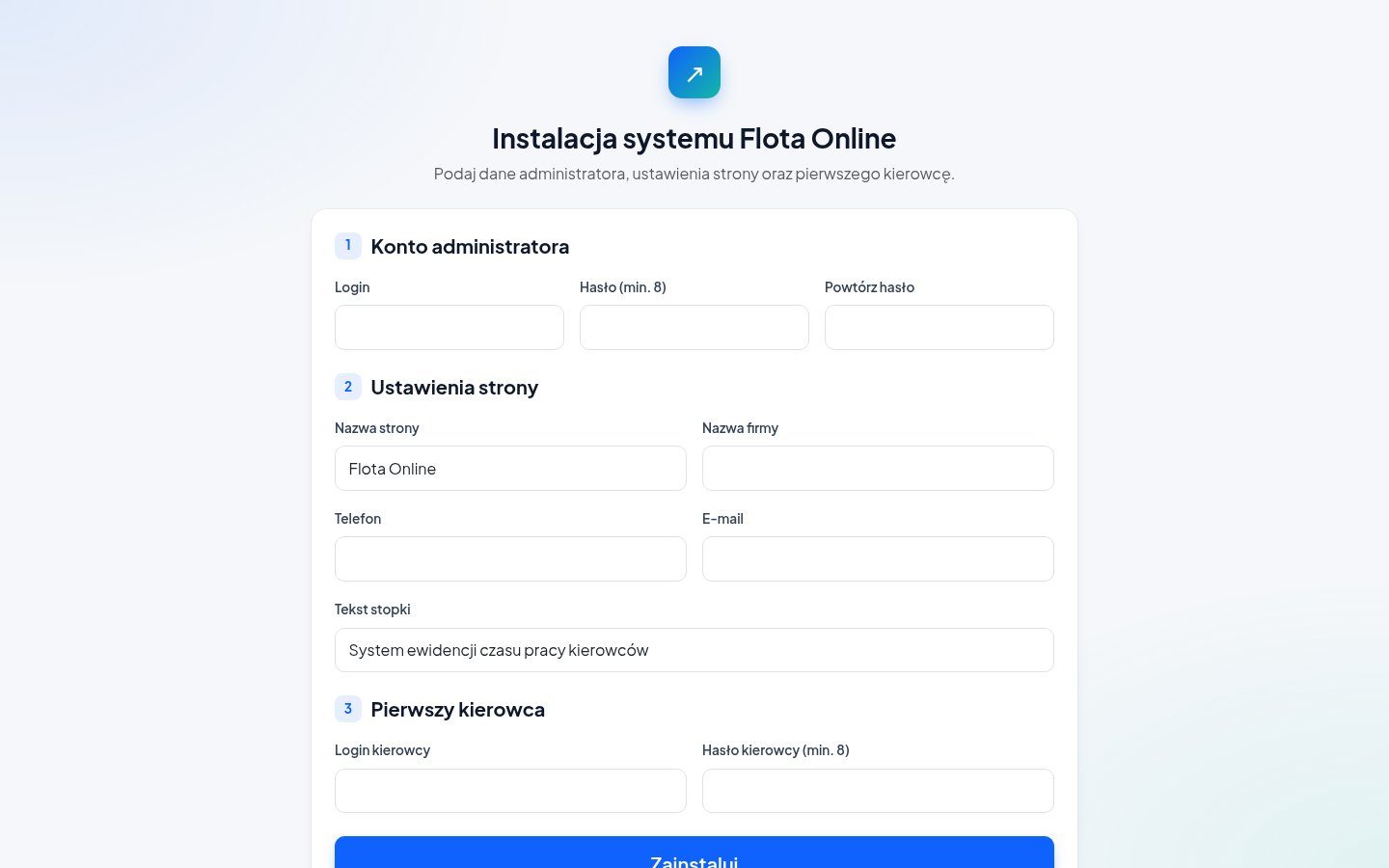Instalator – konto administratora, dane firmy i pierwszy kierowca