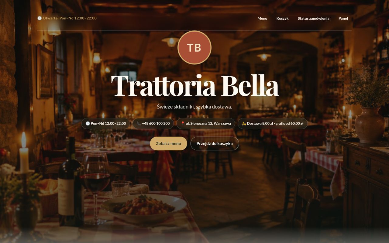 Strona restauracji – nagłówek z godzinami, telefonem, adresem i kosztem dostawy