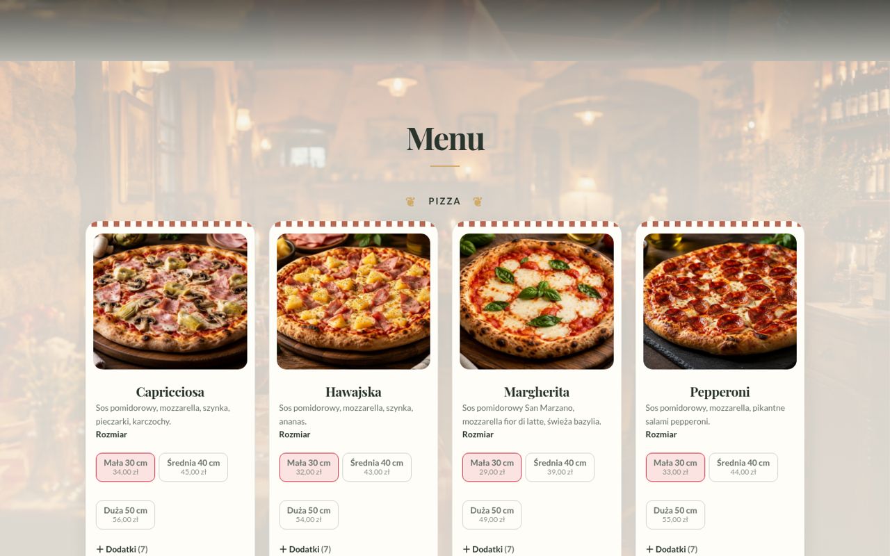 Menu: karty dań ze zdjęciami, wybór rozmiaru i płatne dodatki