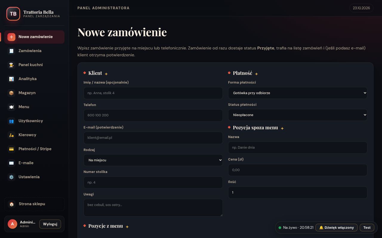 Ręczne dodawanie zamówień przez obsługę (stolik, odbiór, dostawa)