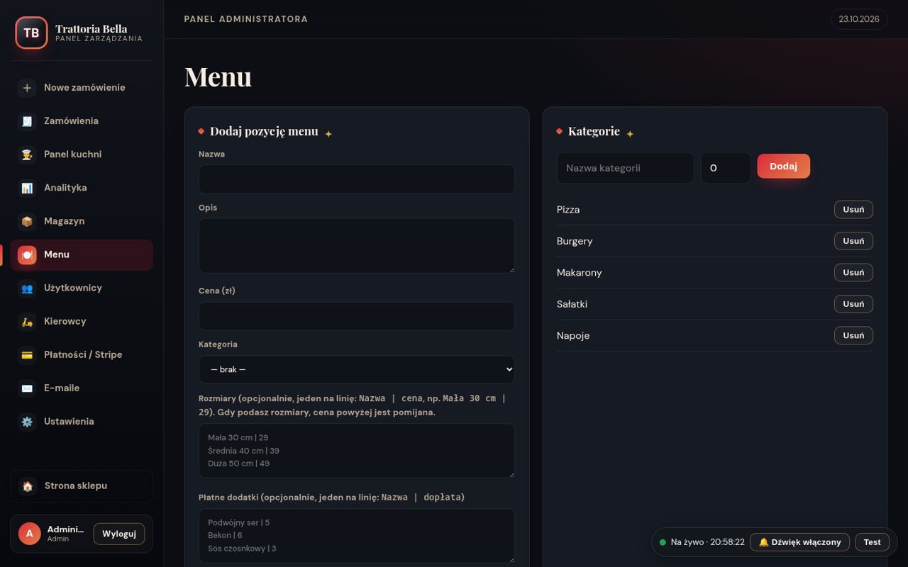 Panel – edycja menu, kategorii, rozmiarów i dodatków