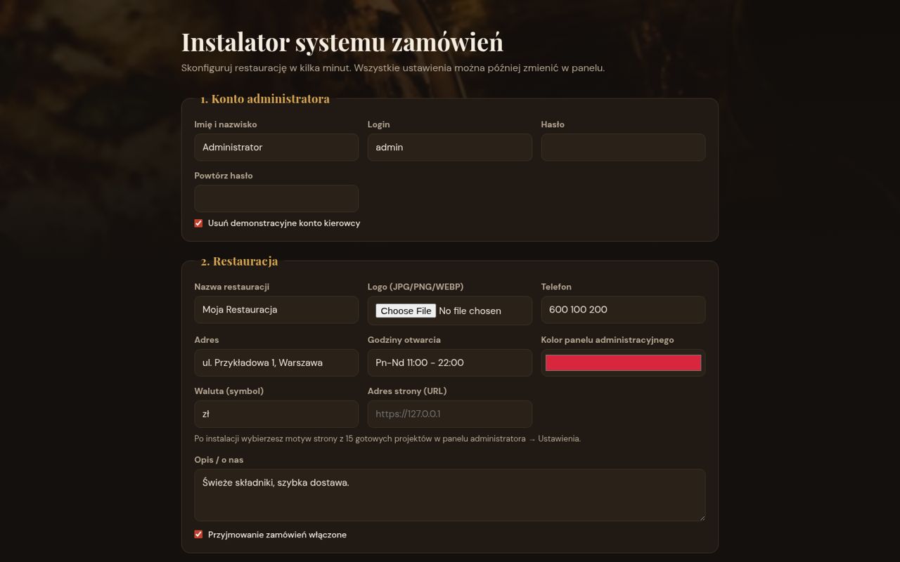 Instalator – konto admina, dane restauracji, przykładowe menu